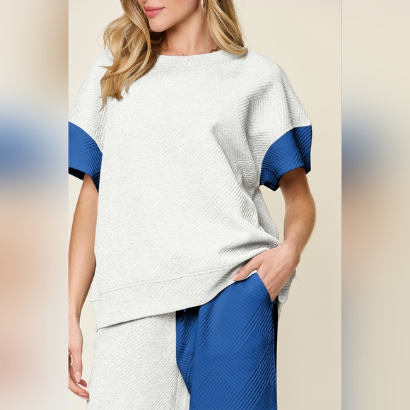 Double Take Full Size Texture Contrast Top and Wide Leg Pants Set - Picture 4 of 6